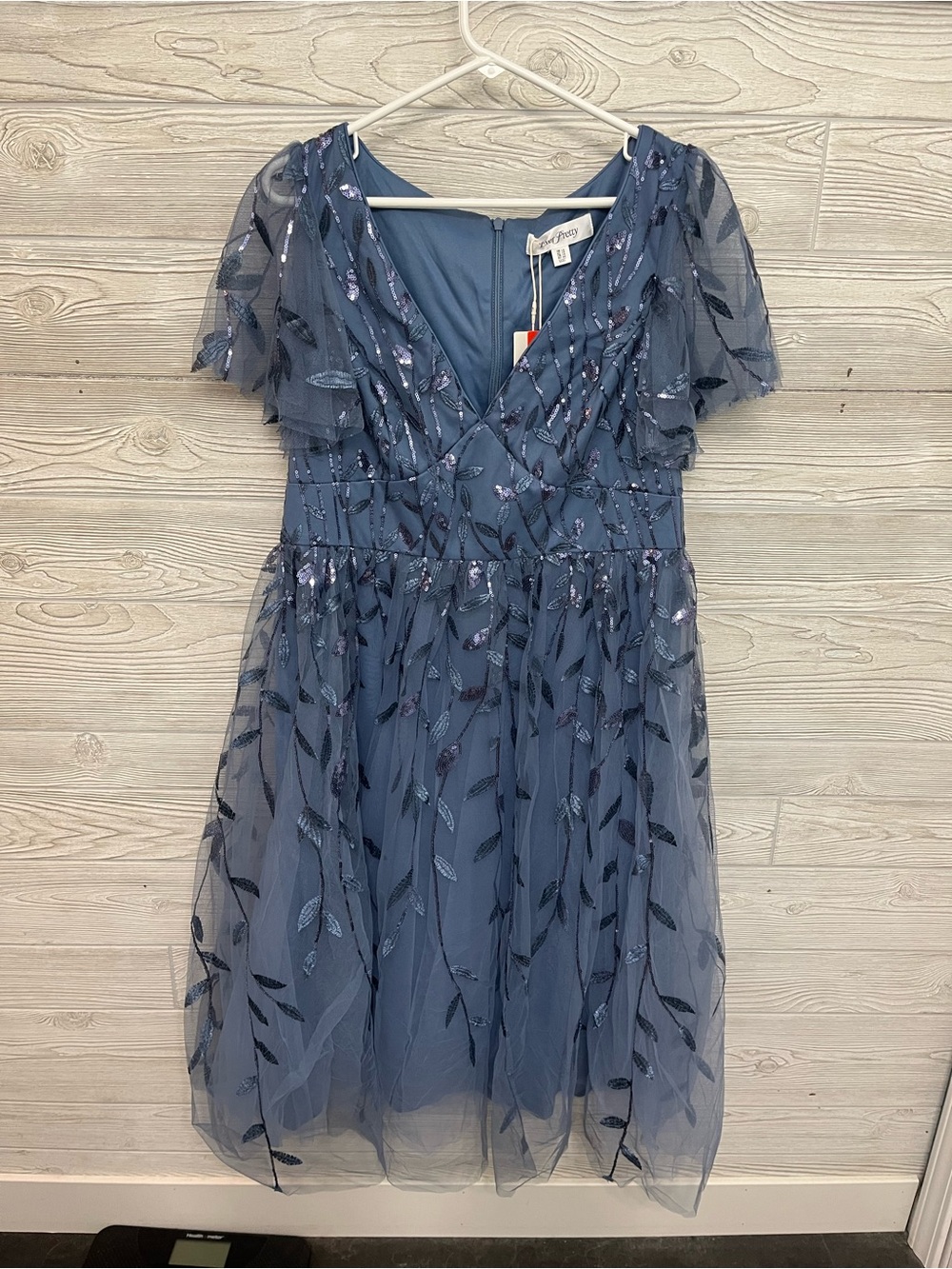 Ever Pretty Slate Blue Embroidered Leaf Tulle Midi Dress